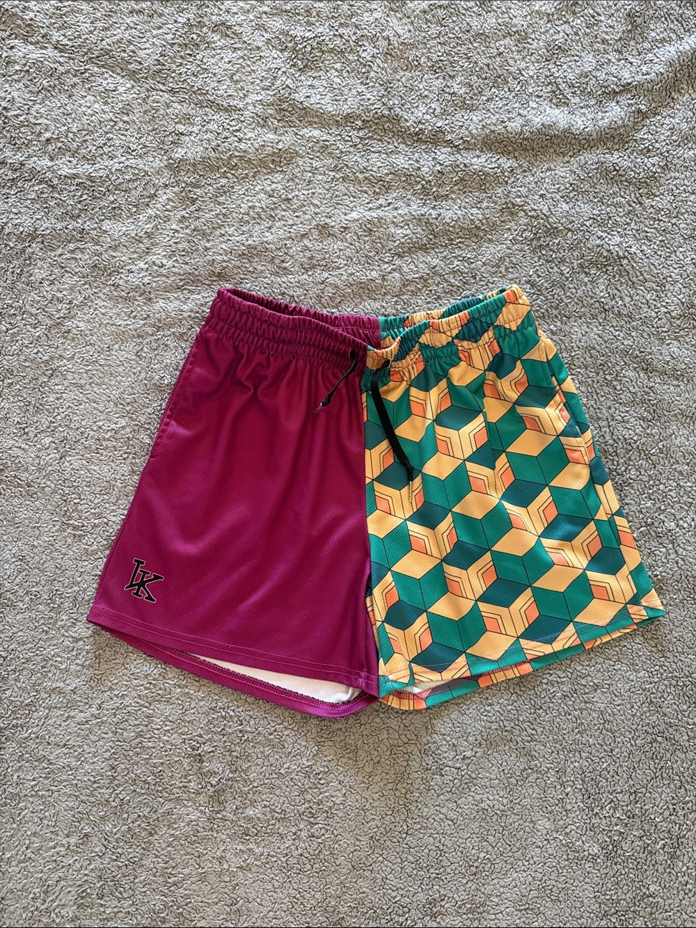 Boys Two-Tone Maroon and Teal Geometric Athletic Shorts